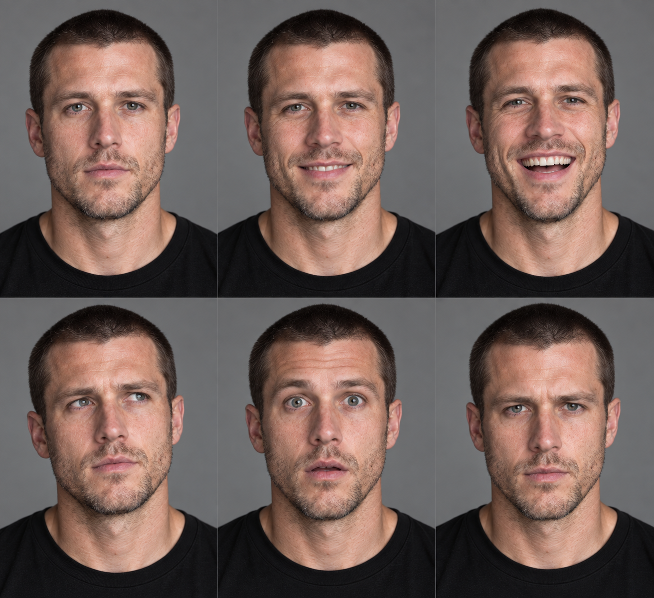Фотореалистичный expression sheet кандидата 08: neutral, smiling, laughing, thoughtful, surprised и focused в сетке два на три